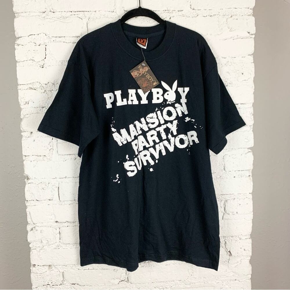 Playboy VTG 90 Y2K Mansion Party Survivor Black Short Sleeve Tee Deadstock Large